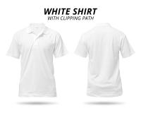 Camisa branca isolada no fundo branco Polo vazio para o projeto Trajeto de grampeamento imagem de stock royalty free Camisa branca isolada no fundo branco Polo vazio para o projeto Trajeto de grampeamento imagem de stock royalty free