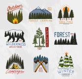 Camp logo, mountains coniferous forest and wooden badges. engraved hand drawn in old vintage sketch. emblem tent tourist vector illustration Camp logo, mountains coniferous forest and wooden badges. engraved hand drawn in old vintage sketch. emblem tent tourist vector illustration