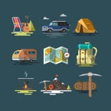 Campa Uppsättning av campa utrustningsymboler vektor illustrationer Campa Uppsättning av campa utrustningsymboler vektor illustrationer