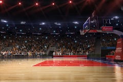 Campo da pallacanestro con il fan della gente Pioggia sullo stadio Photoreal 3d rende il fondo blured nella possibilità remota di illustrazione di stock Campo da pallacanestro con il fan della gente Pioggia sullo stadio Photoreal 3d rende il fondo blured nella possibilità remota di illustrazione di stock