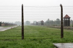 Campo de concentração Birkenau com grama verde na chuva, Polônia de Oswiencim imagem de stock royalty free Campo de concentração Birkenau com grama verde na chuva, Polônia de Oswiencim imagem de stock royalty free