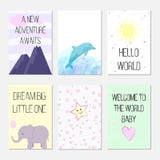 Birthday cards with quotes, cartoon dolphin and elephant for baby girl and kids. A new adventure awaits. Hello world. Dream big li vector illustration Birthday cards with quotes, cartoon dolphin and elephant for baby girl and kids. A new adventure awaits. Hello world. Dream big li vector illustration
