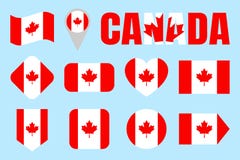 Canada flag collection. Canadian flags set. Vector flat isolated icons with state name. Traditional colors. Web, sports stock illustration Canada flag collection. Canadian flags set. Vector flat isolated icons with state name. Traditional colors. Web, sports stock illustration
