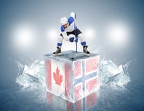 Canada-Norway Game. Face-off player on the ice cube Stock Photo Canada-Norway Game. Face-off player on the ice cube Stock Photo