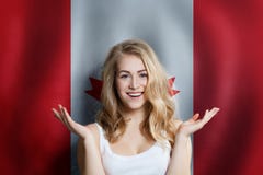 Canadian Concept With Happy Surprised Cute Girl With Canada Background. Travel And Education Concept Royalty Free Stock Image Canadian Concept With Happy Surprised Cute Girl With Canada Background. Travel And Education Concept Royalty Free Stock Image