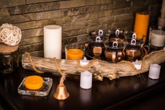 Candles and candlesticks on a wooden table royalty free stock photos Candles and candlesticks on a wooden table royalty free stock photos
