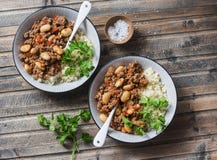 Cannellini Beans Beef Stew With Couscous On The Wooden Table, Top View Stock Images