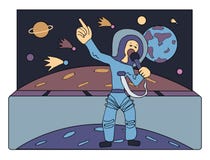 Cantor no espaço na frente dos cometas e dos planetas Guia através do Univers Ocupações do futuro Vetor cômico ilustração stock Cantor no espaço na frente dos cometas e dos planetas Guia através do Univers Ocupações do futuro Vetor cômico ilustração stock