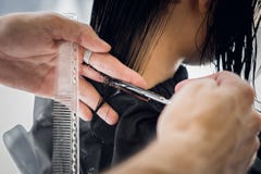 Capelli del ` s del cliente di taglio del parrucchiere in salone con il primo piano di forbici Facendo uso di un pettine fotografie stock Capelli del ` s del cliente di taglio del parrucchiere in salone con il primo piano di forbici Facendo uso di un pettine fotografie stock