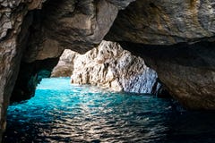 The Green Grotto also known as The Emerald Grotto, Grotta Verde, on the coast of the island of Capri in the Bay of Naples, Italy