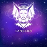 Capricorne de signe de zodiaque Princesse fantastique, portrait d'animation Dessin blanc, fond - le ciel stellaire de nuit illustration de vecteur Capricorne de signe de zodiaque Princesse fantastique, portrait d'animation Dessin blanc, fond - le ciel stellaire de nuit illustration de vecteur