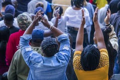 CAPE TOWN, SOUTH AFRICA, 12 May 2018 - Diverse South African football supporters cheering during PSL football match. stock photography CAPE TOWN, SOUTH AFRICA, 12 May 2018 - Diverse South African football supporters cheering during PSL football match. stock photography