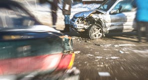 Car crash accident on street of Voronezh, damaged automobiles after collision stock photo Car crash accident on street of Voronezh, damaged automobiles after collision stock photo