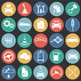 Car and service set on color circles black background vector illustration Car and service set on color circles black background vector illustration