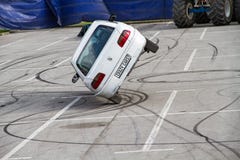 Car on two wheels royalty free stock photography Car on two wheels royalty free stock photography