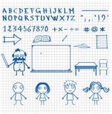 Caracteres a mano y objetos del tema de la escuela del estilo del garabato stock de ilustración Caracteres a mano y objetos del tema de la escuela del estilo del garabato stock de ilustración