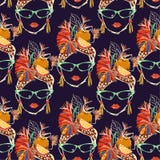 Caracteres tropicales exhaustos de las mujeres de La Habana de la mano elegante y colorida con el modelo inconsútil de la histori ilustración del vector Caracteres tropicales exhaustos de las mujeres de La Habana de la mano elegante y colorida con el modelo inconsútil de la histori ilustración del vector