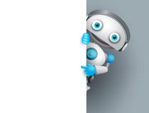 Caractère blanc de vecteur de robot tenant le conseil blanc vide pour la présentation illustration libre de droits Caractère blanc de vecteur de robot tenant le conseil blanc vide pour la présentation illustration libre de droits