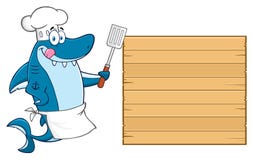Caractère de mascotte de Blue Shark Cartoon de chef léchant ses lèvres et tenant une spatule sur le conseil vide en bois illustration stock Caractère de mascotte de Blue Shark Cartoon de chef léchant ses lèvres et tenant une spatule sur le conseil vide en bois illustration stock