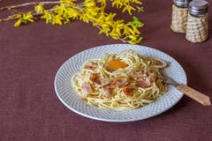 Carbonara della pasta Fiori nei precedenti Alimento italiano immagini stock Carbonara della pasta Fiori nei precedenti Alimento italiano immagini stock