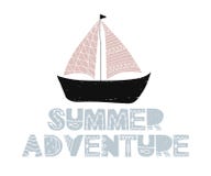 Card with lettering summer adventure and ship in scandinavian style. Vector illustration stock illustration Card with lettering summer adventure and ship in scandinavian style. Vector illustration stock illustration