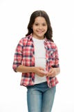 Carefree and casual. Girl cute checkered shirt and denim pants looks happy cheerful. Child girl happy carefree enjoy royalty free stock photo Carefree and casual. Girl cute checkered shirt and denim pants looks happy cheerful. Child girl happy carefree enjoy royalty free stock photo
