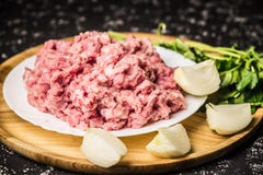 Carne de porco triturada crua na placa branca foto de stock royalty free Carne de porco triturada crua na placa branca foto de stock royalty free