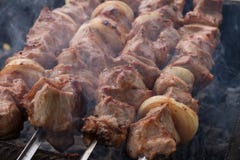 Carne grigliata sulla griglia sulla natura, sui carboni caldi, fumo fotografia stock libera da diritti Carne grigliata sulla griglia sulla natura, sui carboni caldi, fumo fotografia stock libera da diritti