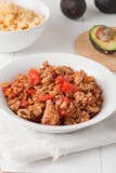 Carne macinata fritta con i pomodori pronti per i taci immagine stock Carne macinata fritta con i pomodori pronti per i taci immagine stock