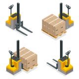 Carrelli elevatori a forcale del compatto isometrico di vettore isolati su bianco Insieme dell'icona dell'attrezzatura di stoccag royalty illustrazione gratis Carrelli elevatori a forcale del compatto isometrico di vettore isolati su bianco Insieme dell'icona dell'attrezzatura di stoccag royalty illustrazione gratis