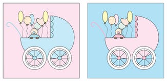 Carrinho de criança dois ajustado com um bebê e os balões ilustração do vetor Carrinho de criança dois ajustado com um bebê e os balões ilustração do vetor