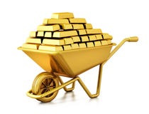 Carrinho de mão completamente do ouro ilustração 3D ilustração stock Carrinho de mão completamente do ouro ilustração 3D ilustração stock