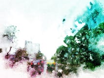 Carro abstrato na rua no fundo de pintura da aquarela fotos de stock Carro abstrato na rua no fundo de pintura da aquarela fotos de stock