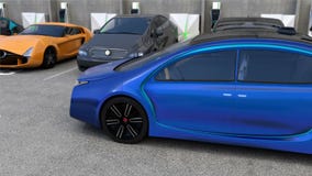 Carro bonde azul de volta ao lugar de estacionamento sem o motorista nele ilustração stock Carro bonde azul de volta ao lugar de estacionamento sem o motorista nele ilustração stock