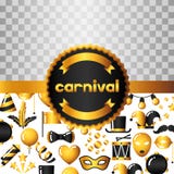 Carta dell'invito di carnevale con le icone e gli oggetti dell'oro Fondo del partito di celebrazione royalty illustrazione gratis Carta dell'invito di carnevale con le icone e gli oggetti dell'oro Fondo del partito di celebrazione royalty illustrazione gratis
