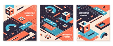 Cartaz isométrico das formas 3D folhetos geométricos abstratos, fundos futuristas da tecnologia Grupo isométrico da tampa do veto ilustração stock Cartaz isométrico das formas 3D folhetos geométricos abstratos, fundos futuristas da tecnologia Grupo isométrico da tampa do veto ilustração stock