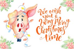 Carte d'aquarelle de Joyeux Noël avec la citation drôle mignonne de porc et d'inscription illustration libre de droits Carte d'aquarelle de Joyeux Noël avec la citation drôle mignonne de porc et d'inscription illustration libre de droits