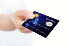 Carte de crédit bleue holded à la main photos stock Carte de crédit bleue holded à la main photos stock