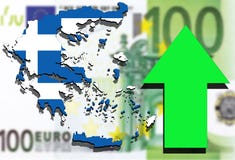 Carte de la Grèce sur l'euro fond d'argent et l'augmentation verte de flèche illustration libre de droits Carte de la Grèce sur l'euro fond d'argent et l'augmentation verte de flèche illustration libre de droits