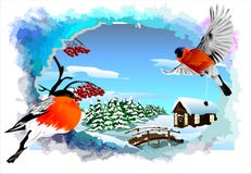 Carte de Noël avec un paysage d'hiver dans le cadre abstrait (vecteur) illustration stock Carte de Noël avec un paysage d'hiver dans le cadre abstrait (vecteur) illustration stock