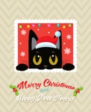 Carte de vecteur de Noël avec le chat mignon Carte de voeux de bande dessinée de vacances Joyeux Noël illustration libre de droits Carte de vecteur de Noël avec le chat mignon Carte de voeux de bande dessinée de vacances Joyeux Noël illustration libre de droits