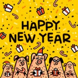 Carte de voeux jaune de porc de bonne année Porcs drôles avec des cannes de sucrerie, des cadeaux et des chapeaux de Santa Symbol illustration de vecteur Carte de voeux jaune de porc de bonne année Porcs drôles avec des cannes de sucrerie, des cadeaux et des chapeaux de Santa Symbol illustration de vecteur