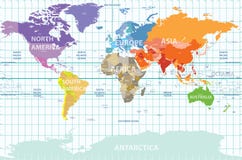 Carte politique du monde avec tous les continents séparés par la couleur, marquée pays et océans, et avec des longitudes énumérée illustration de vecteur Carte politique du monde avec tous les continents séparés par la couleur, marquée pays et océans, et avec des longitudes énumérée illustration de vecteur