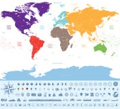 Carte politique du monde coloré par des continents avec beaucoup icônes et substance de voyage illustration libre de droits Carte politique du monde coloré par des continents avec beaucoup icônes et substance de voyage illustration libre de droits