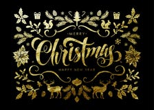 Carte postale de Noël avec des éléments de Noël de feuille d'or Image stock Carte postale de Noël avec des éléments de Noël de feuille d'or Image stock