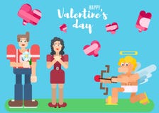 Cartel del día de tarjeta del día de San Valentín con los amantes en estilo plano stock de ilustración Cartel del día de tarjeta del día de San Valentín con los amantes en estilo plano stock de ilustración
