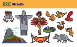 Cartel promocional del destino del viaje del Brasil con símbolos del país stock de ilustración Cartel promocional del destino del viaje del Brasil con símbolos del país stock de ilustración