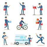 Cartero en uniforme del azul con el bolso rojo que entrega el correo y otros paquetes, cartero satisfaciente Duties With un siste libre illustration Cartero en uniforme del azul con el bolso rojo que entrega el correo y otros paquetes, cartero satisfaciente Duties With un siste libre illustration