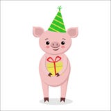 Cartolina d'auguri di Buon Natale e del buon anno Maiale sveglio che tiene un regalo illustrazione vettoriale Cartolina d'auguri di Buon Natale e del buon anno Maiale sveglio che tiene un regalo illustrazione vettoriale