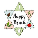 Cartolina d'auguri ebrea di pesach di Pesach con le icone di scarabocchio del seder e stella ebrea, illustrazione vettoriale Cartolina d'auguri ebrea di pesach di Pesach con le icone di scarabocchio del seder e stella ebrea, illustrazione vettoriale
